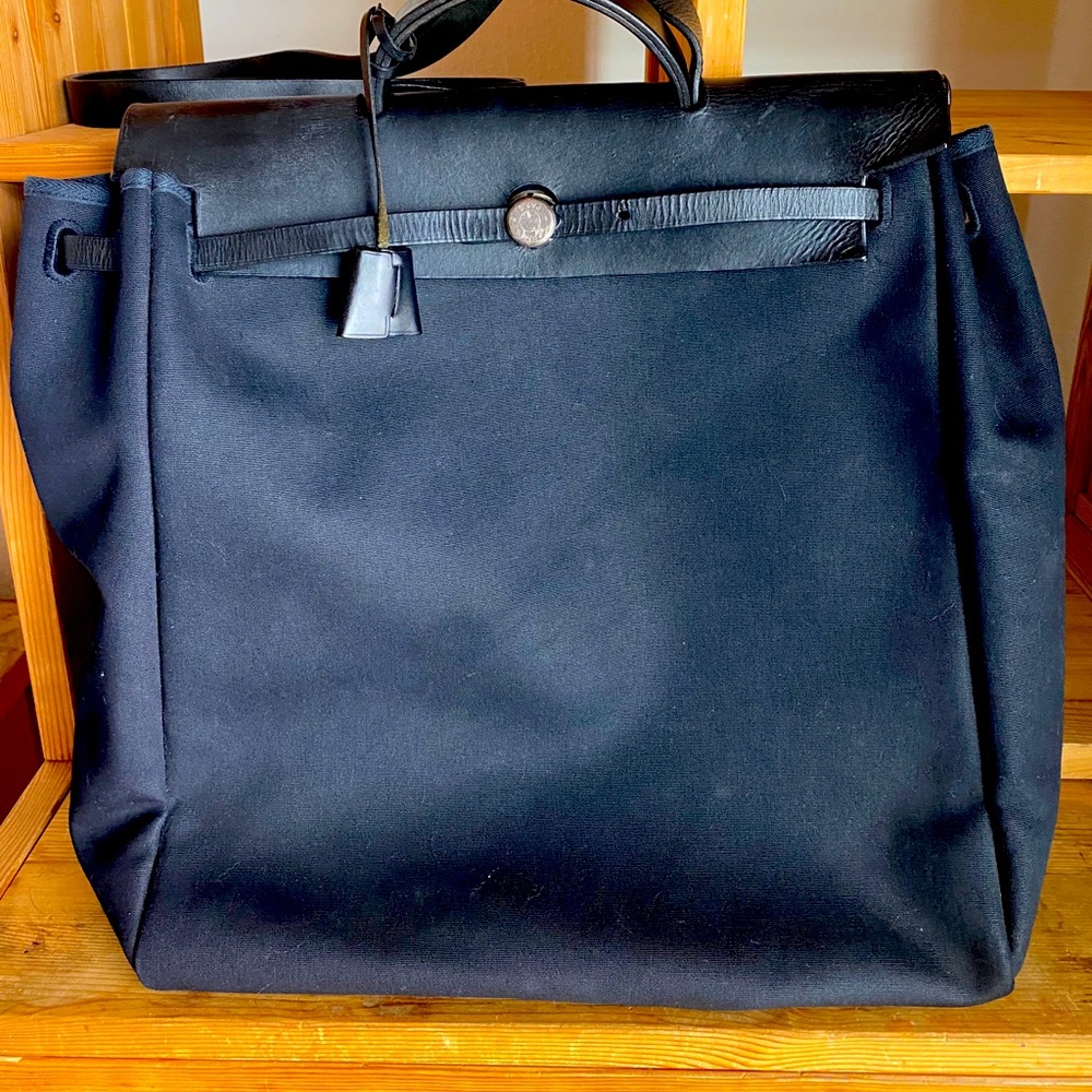 Hermes Herbag black leather and canvas bag